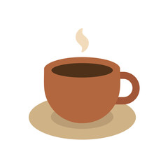 Steaming cup of hot black coffee or espresso in a rustic brown mug on a saucer, a simple flat vector icon for cafes.