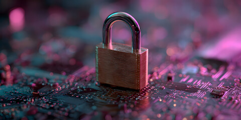 Cyber security concept. Padlock on circuit board background neon purple created with AI