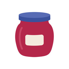 Glass jar of vibrant red berry jam or jelly with a blue lid and an empty label area, a sweet food flat vector illustration.