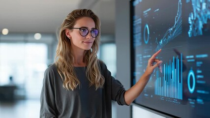 Professional businesswoman with glasses analyzing data visualizations on a large interactive touchscreen. - Powered by Adobe