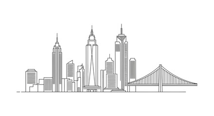 Naklejka premium A minimalist line drawing of a city skyline featuring various skyscrapers and a suspension bridge.