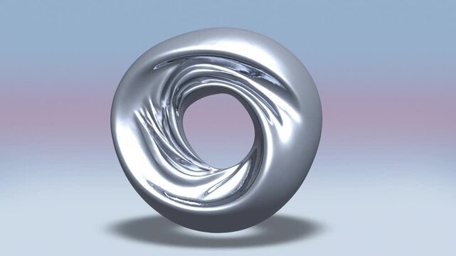 A 4K seamless loop of a rotating chrome abstract ring with smooth reflections on a soft gradient background. Ideal as a modern tech visual, motion design element, or stylish background.