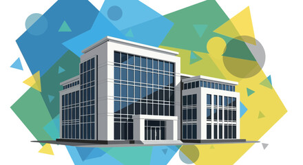 Modern office building with glass facade and geometric abstract background.