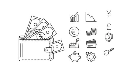 A collection of line art icons representing financial concepts, including a wallet with cash, currency symbols, charts, and piggy bank.
