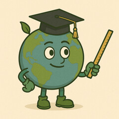 Earth Teacher Character with Graduation Cap and Ruler