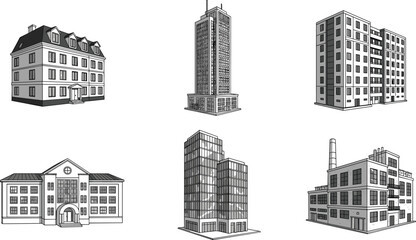 Collection of various building illustrations including house, apartment, skyscraper, school and factory, detailed architectural drawings for city and urban design © Its Marjia's World
