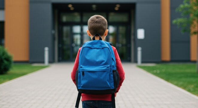 Young Boy with Blue Backpack Facing School Entrance: Back-to-School Day