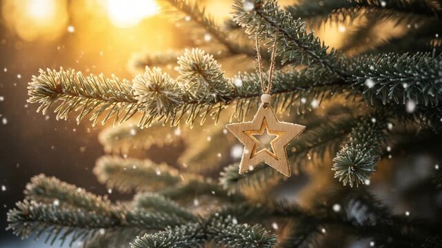 Wooden star ornament on a pine tree branch with winter background