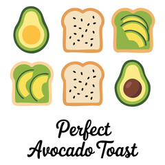 Perfect avocado toast on artisan bread with sesame seeds and fresh slices isolated vector illustration on white background