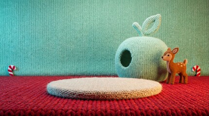 Cozy Knitted Christmas Scene with Empty Podium for Product Display, featuring a Cute Deer Toy, Knitted Apple, and Festive Candy Canes against a Soft Mint Green Background