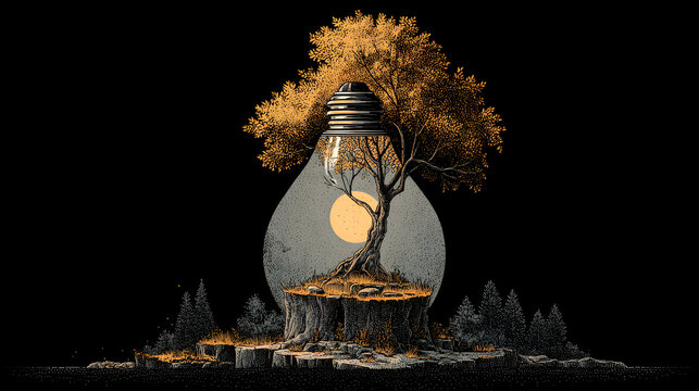 The concept of ecology, trees, soil, sunlight, rising from the lamp on black background. The bulb inside the tree with the globe. illustration