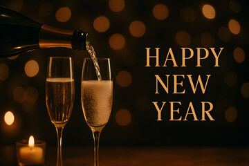 Pouring champagne into flutes for a celebration against a bokeh background