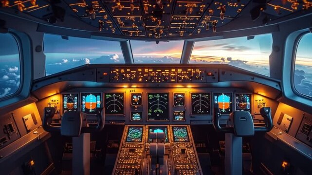 Aircraft cockpit view with instruments and sky horizon at dawn