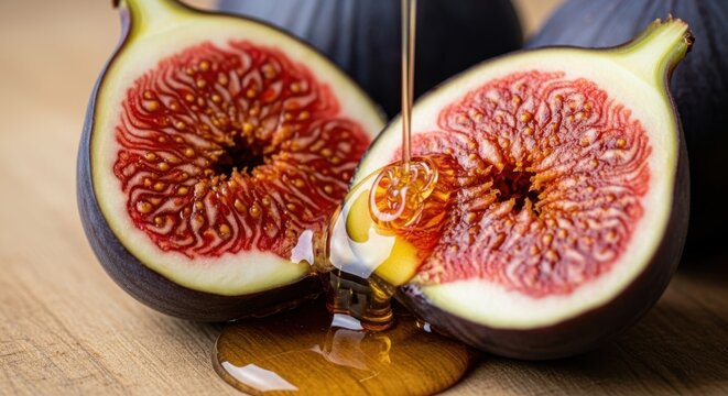 Close-up of Sliced Fig Halves Drizzled with Golden Honey on a Wooden Board, Sweet and Healthy Fruit Dessert