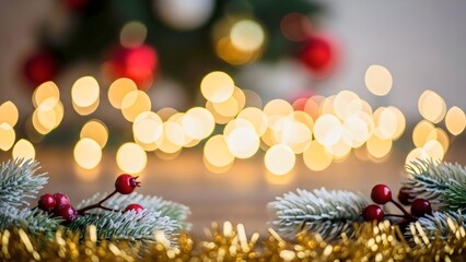 Festive Christmas background with bokeh lights, frosted fir branches, and red berries.