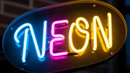 Ultra-realistic neon sign spelling "NEON" in multicolor on wet dark brick wall at night, vibrant glass tubes, cinematic lighting, rain reflections,