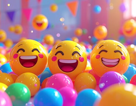 Playful emojis smiling in a ball pit with colorful, festive decorations - Powered by Adobe