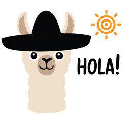 Mexican llama with sombrero hat hola greeting isolated vector illustration on white background