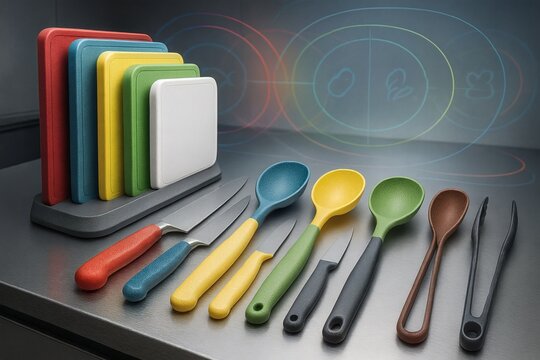 Futuristic Color-Coded Kitchen Tools with Holographic Food Safety Display