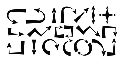 Large Collection of Black Hand-Drawn Style Arrow Icons in Various Directions, Curves, and Square Shapes on White Background