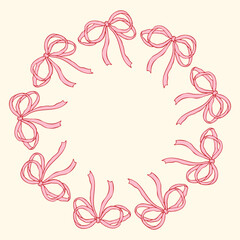 Vector illustration of a circular frame made of hand-drawn pink bows. Delicate and feminine decorative border perfect for invitations, cards, packaging, branding, and elegant design projects
