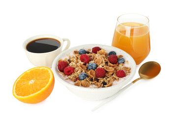 Tasty breakfast. Granola with yogurt, fruits, coffee and orange juice isolated on white