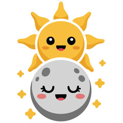 Cute cartoon solar eclipse astronomical phenomenon illustration isolated vector on white background