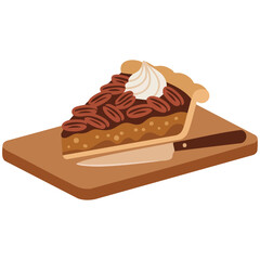 Pecan pie slice with whipped cream delicious dessert isolated vector illustration on white