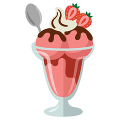 Strawberry ice cream sundae with chocolate sauce dessert isolated vector illustration on white
