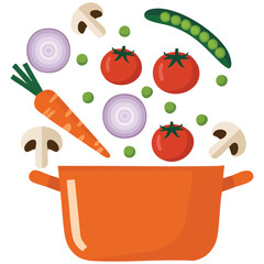 Fresh vegetables flying into cooking pot healthy soup isolated vector illustration on white