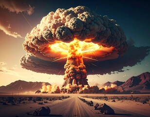 Dramatic and imposing mushroom cloud erupting over a desolate landscape view