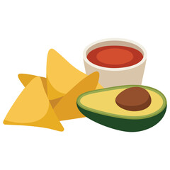 Tortilla chips nachos set with avocado chili tomato salsa isolated vector illustration