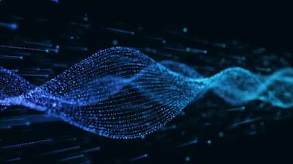 A dynamic wave of interconnected glowing blue particles illustrates data flow, network communication, and futuristic technology concepts on an abstract background - Powered by Adobe