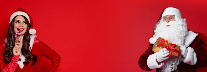Christmas banner design with Santa Claus and happy women on red background. Space for text
