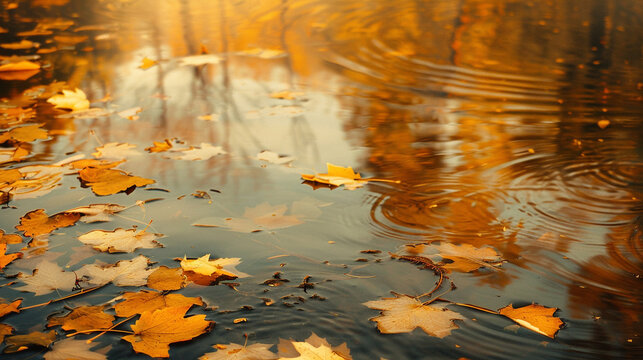Fallen maple leaves floating on the water surface in autumn season scenery