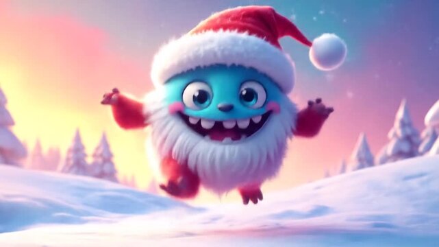 Cheerful cartoon creature in santa hat snowscape illustration