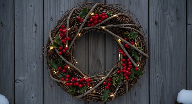 A christmas wreath hanging on a wooden door with berries and lights - Powered by Adobe