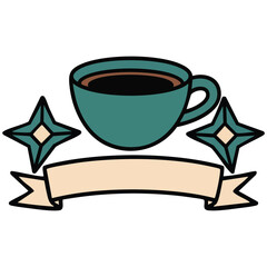Traditional tattoo style coffee cup with banner isolated vector illustration on white