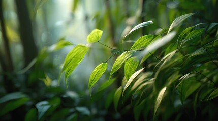 Naklejka premium Lush Greenery Canopy: Serene Forest Scenery with Sunlight Filtering through Leaves