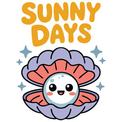 Summer card with cartoon shell and pearl isolated vector illustration on white background