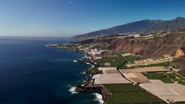 High altitude aerial drone flight over vast green banana plantations covering the coastal plains near Puerto Naos, La Palma, Canary Islands, Spain.