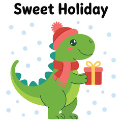 Cute dinosaur in winter hat and scarf holiday card isolated vector illustration on white