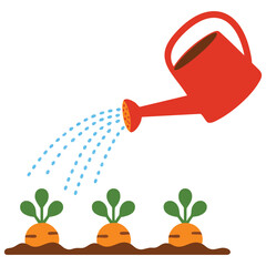 Watering can with carrot garden theme isolated vector illustration on white background