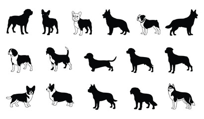 Diverse dog breeds: collection of pet silhouettes and outlined animals, vector graphic pack Vector