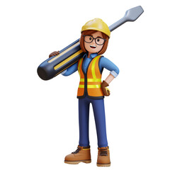 Female Handywoman Construction Worker Holds Large Screwdriver on Shoulder