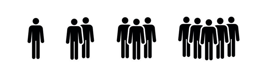 group of people icon set, team growth, one, two, three and five persons sign, black vector design elements