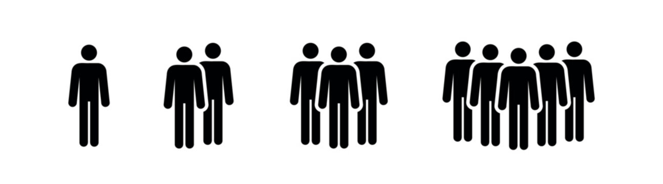 group of people icon set, team growth, one, two, three and five persons sign, black vector design elements
