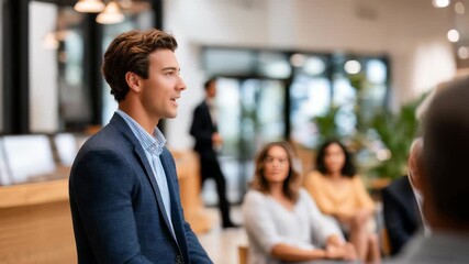 Confident young businessman in a blue suit delivers a presentation to a diverse group of professionals in a modern office. Natural light and greenery create a welcoming atmosphere
