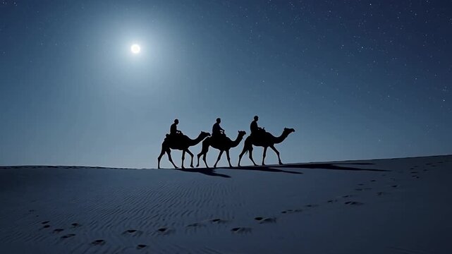 Journey of the Magi &mdash; Three Wise Men Crossing Desert at Night, Biblical Christmas Story, Sacred Epiphany Journey