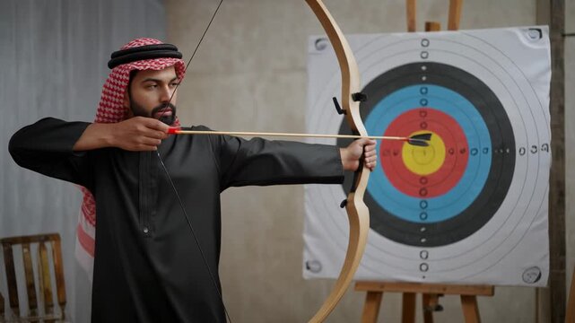 A focused Middle Eastern man in traditional attire practices archery, aiming his recurve bow and arrow at a target with an arrow already in the bullseye.